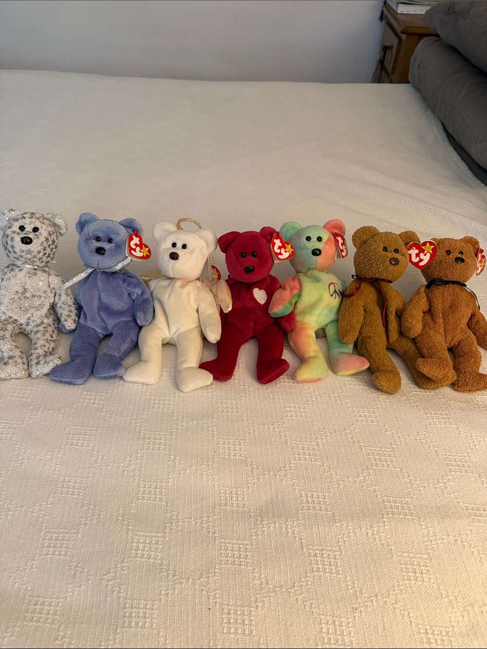 Ty Plush Bear Set - white, blue, red, tie-dye, green, tan, brown